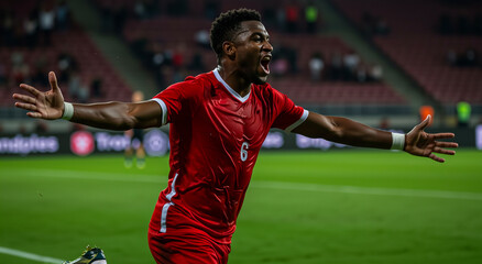 Soccer player, black man, celebrating goal on field with excitement, sport achievement and victory. Football, game and competition for championship, match and event