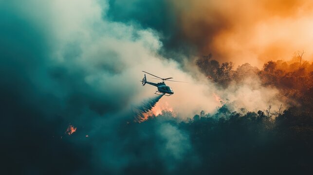 Helicopter performing water drops over a smoldering forest fire, thick smoke filling the air.
