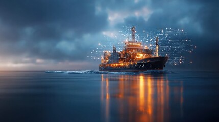 Futuristic cargo ship navigating a vast ocean horizon at dusk digital art serenity maritime adventure wide-angle perspective innovation
