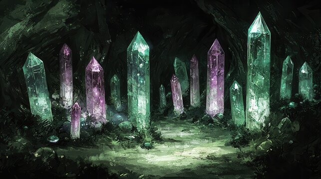 A mystical canyon carved by radiant rivers of molten crystal. Towering cliffs sparkle with embedded gemstones, and glowing pathways lead to ancient temples adorned with shimmering glyphs that 