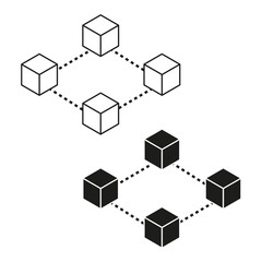 Blockchain cube icon. Connected black shapes. Digital network design. Vector linked element.