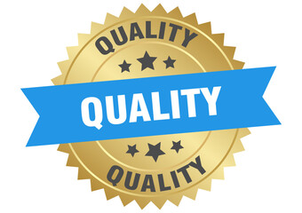 quality. quality round blue and gold label isolated on transparent background