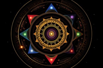 Obraz premium Intricate circular geometric mandala with vibrant colors and golden accents