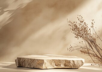 Stone podium, beige background, sunlit, dried flowers.