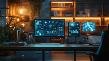 Creative workspace with modern computer monitors displaying data analysis and visuals in a cozy office setting at night. Generative AI