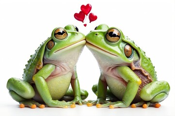 Naklejka premium Two green frogs facing each other, with red hearts above them, on a white background.