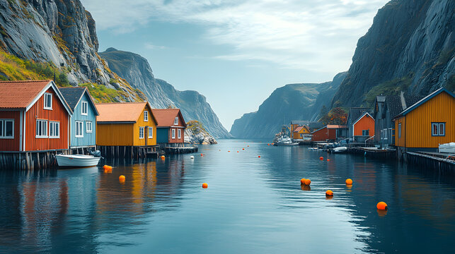 Photography of a secluded fishing village surrounded by rugged cliffs, with small wooden shacks lining the harbor and colorful buoys floating in the calm waters.