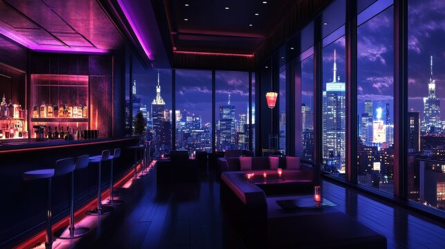 chic bar located in the heart of a busy city, with sleek modern furniture, large windows showcasing the cityscape, and a menu of innovative drinks
