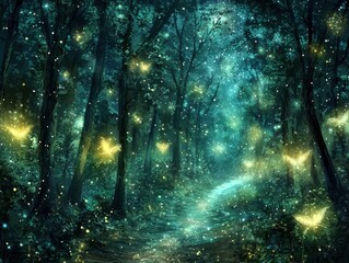 Obraz premium A mystical fantasy forest glowing softly with bioluminescent trees and radiant flowers. Streams of liquid starlight flow gently through the forest floor, while ethereal creatures with translucent 