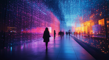 Multicolored light installation attracts visitors at night in urban setting. Generative AI