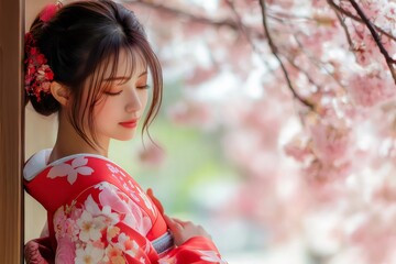 Traditional Japanese clothing paired with blooming cherry blossoms creates a serene and peaceful atmosphere, highlighting cultural elegance and beauty