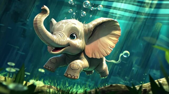 Cartoon elephant is swimming in a body of water. The elephant is smiling and has its trunk up