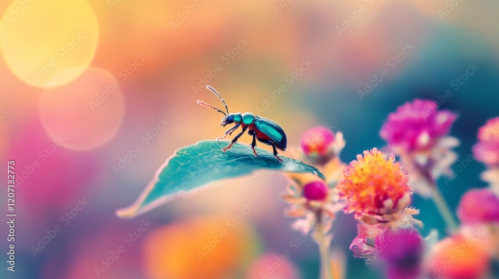 Poster an engaging image of a tiny beetle climbing a leaf, with a blurred background of colorful flowers, h