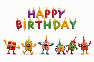 Naklejka premium Colorful Happy Birthday Letters with Animated Gift Boxes and Festive Candles in a Joyful Celebration Scene