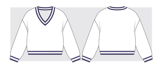 V-neck sweater with dropped shoulder and stripes on rib in marine style. Technical sketch. Vector illustration.