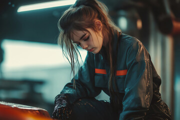 Young female mechanic wiping grease from her hands while working on a vehicle in a professional garage