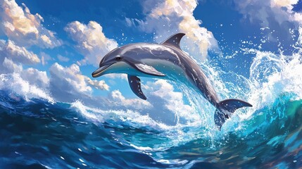 Fototapeta premium A playful dolphin leaping out of the ocean, splashing water around, showcasing its agility and the joy of marine life.