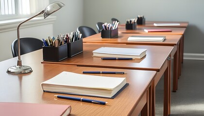 A row of wooden desks with neatly placed textbooks, pens, and a desk lamp