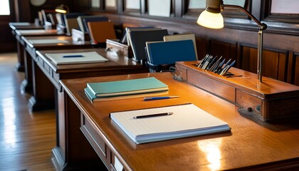 A row of wooden desks with neatly placed textbooks, pens, and a desk lamp