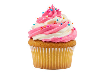 A vanilla cupcake topped with pink and white swirled frosting, decorated with colorful sprinkles, isolated on a white background