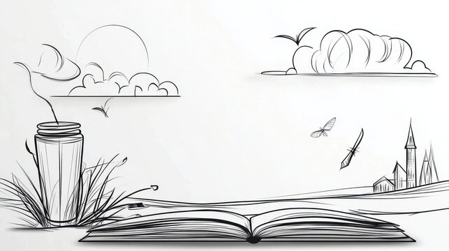 National Essay Day Canada Book Week Open book with coffee, scenic clouds, and sketched landscape elements - Powered by Adobe