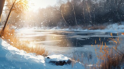 day at a fishing hole, with snow covering the ground and sunlight reflecting off the ice, creating a warm glow despite the chill