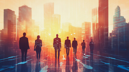 abstract professional business team people connection of line from nail node to node on Smart digital cityscap and skyline background , Innovation networking concept