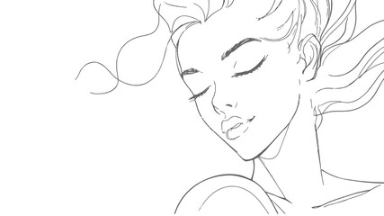 Continuous one single line art girl face concept. Beautiful woman portrait fashion hair hand drawn sketch. Beauty happy smiling young lady side head gray white monochrome vector illustration