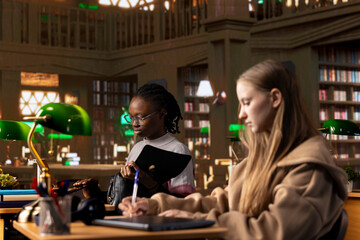 Black girl arriving at the university library and opening her textbook to write notes, doing research with the help of the massive books database at the campus designated space for self learning.