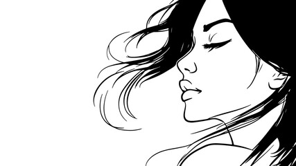 Line art girl profile portrait. Beautiful model cute young woman printable character brunette hair minimalistic vector illustration © LuckyStep