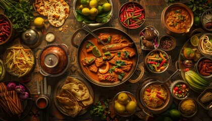 Fototapeta premium A vibrant and colorful spread of Indian food, featuring a variety of curries, vegetables, rice, and breads.