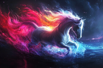 A painting depicting a mystical unicorn with a colorful mane, jumping on dark water. Generated by artificial intelligence