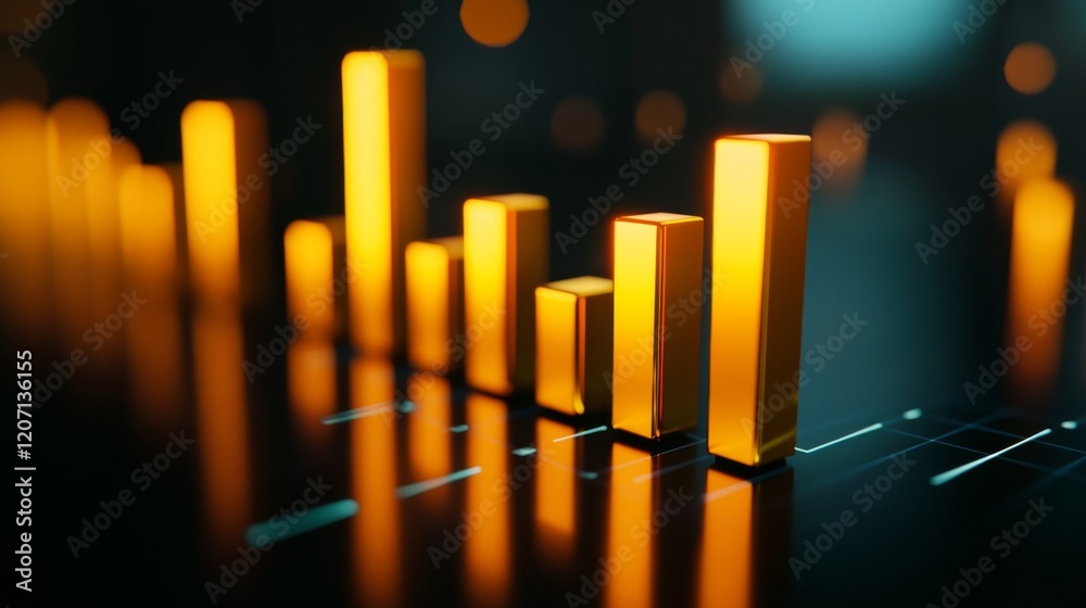Poster a d bar chart with gold bars of different heights on a reflective black surface, symbolizing rising 