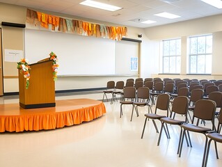 A school assembly area with a podium, stage decorations, and a neat row of chairs