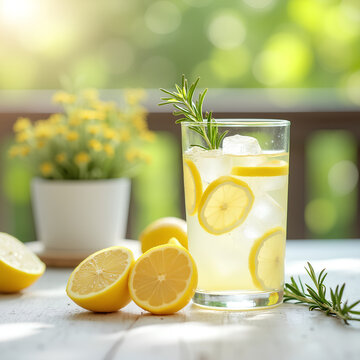 Limonade estivale rafra&icirc;chissante ou cocktail alcoolis&eacute; avec gla&ccedil;ons, 