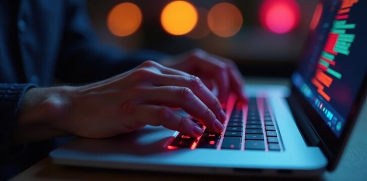 Close-up of hands coding ETL process on laptop keyboard, information, technology