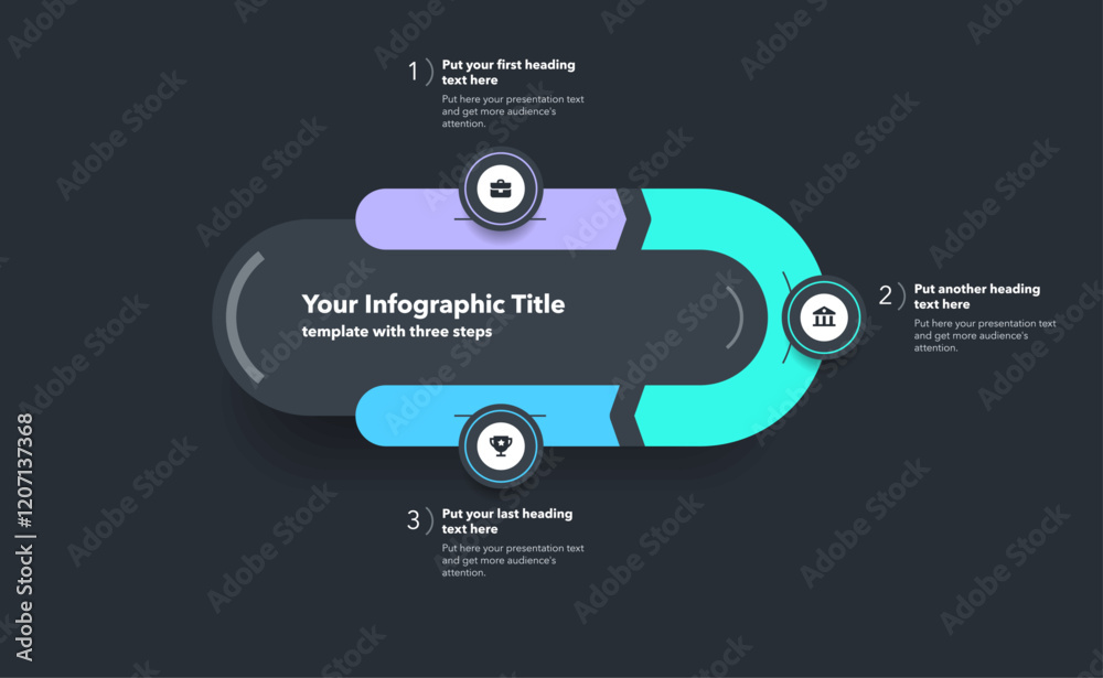 Aufkleber Infographic progress diagram with three steps with numbers and minimalistic icons - dark version. Can be used for your website or presentation.