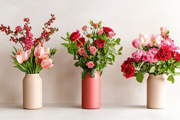 Three vases with beautiful flower arrangements on a white surface against a textured background