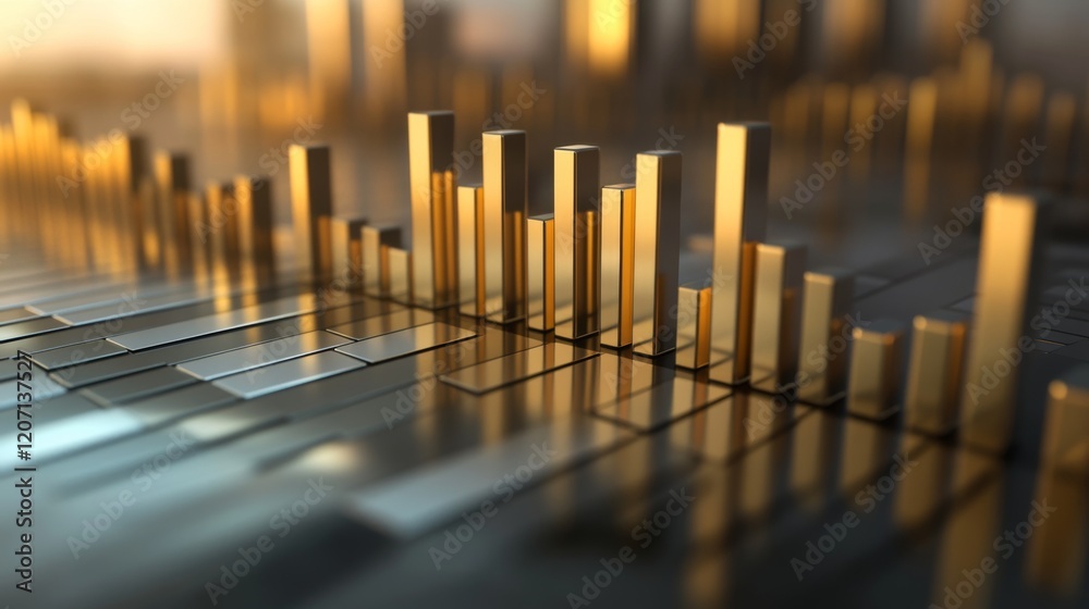 Leinwandbilder a d bar graph with gold and silver bars illustrating financial performance, displayed on a reflectiv