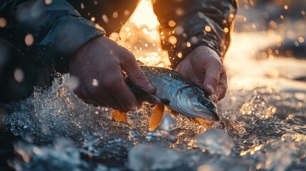 fisherman hands pulling up a catch from a winter fishing hole, the icy surroundings sparkling in the soft afternoon light.
