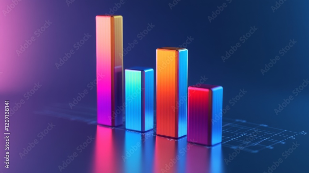 Aufkleber a d bar graph with vibrant, semi-transparent bars of varying heights on a gradient blue background, 