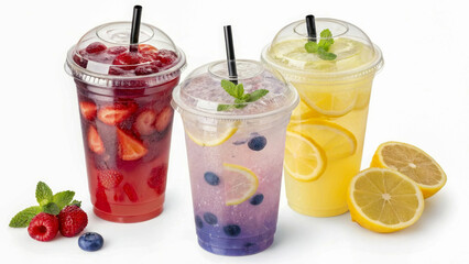 Three types of lemonade in transparent plastic cups with a lid and a straw. The drinks look refreshing, bright and appetizing. A feeling of summer mood.