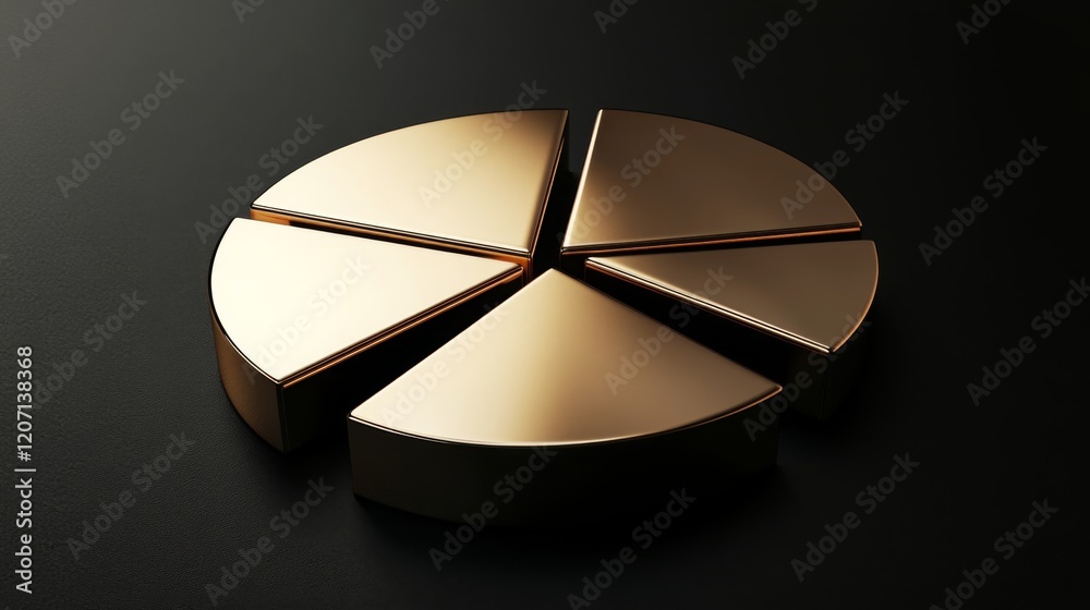 Poster a d financial pie chart with metallic segments, casting shadows on a dark background, creating a mod