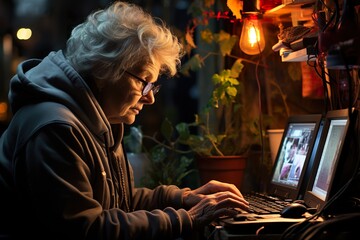 Fototapeta premium Senior woman working on a laptop at night in a cozy workspace