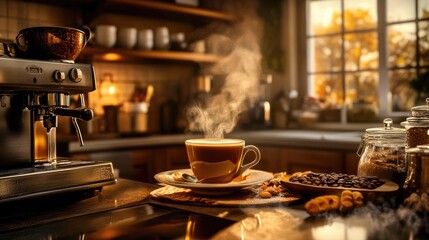 A steaming cup of freshly brewed coffee on a kitchen counter, with hot steam rising and a warm, inviting ambiance.