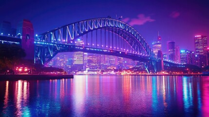 Naklejka premium A stunning night view of a well-lit bridge arching over a river, with reflections shimmering on the water and city lights creating a vibrant scene.