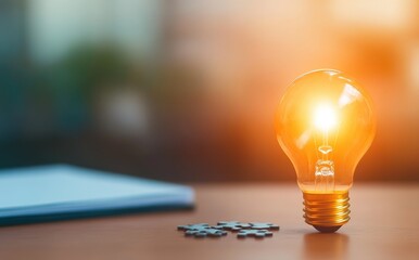 Light Bulb Symbolizing Innovation with Puzzle Pieces in Office Background