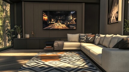 A stylish living room with a contemporary sectional couch, a geometric rug, and a sleek flat-screen TV mounted on the wall.