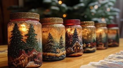 Repurposed glass jars decorated as holiday candle holders with glittery and rustic designs