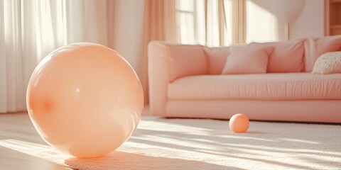 Fototapeta premium A photograph of a large peach-colored balloon in the living room, with a light pink sofa and white carpet. There is also a small round ball on the floor.